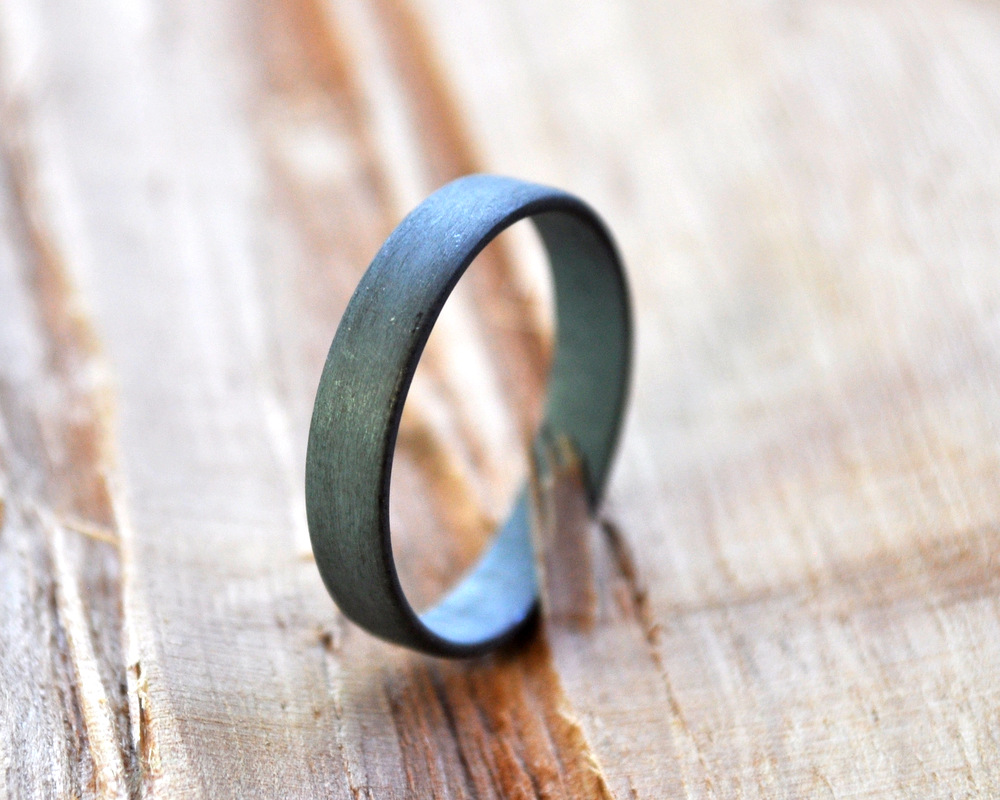 Women's Flat Oxidized Sterling Silver Wedding Ring. 3.7mm wide. Handmade by Epheriell