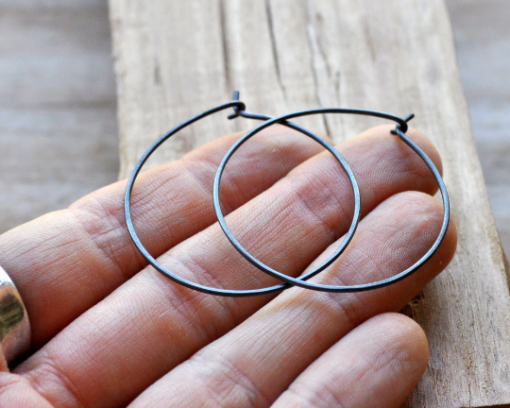 Handmade Sterling Silver Large Hoop Earrings - Oxidised Finish - Image 4